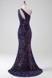 Vestido de fiesta largo de lentejuelas de un hombro de sirena negra con abertura