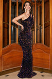 Sirena brillante de un hombro Vestido largo de fiesta de lentejuelas negras con abertura