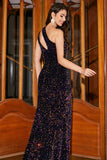 Sirena brillante de un hombro Vestido largo de fiesta de lentejuelas negras con abertura