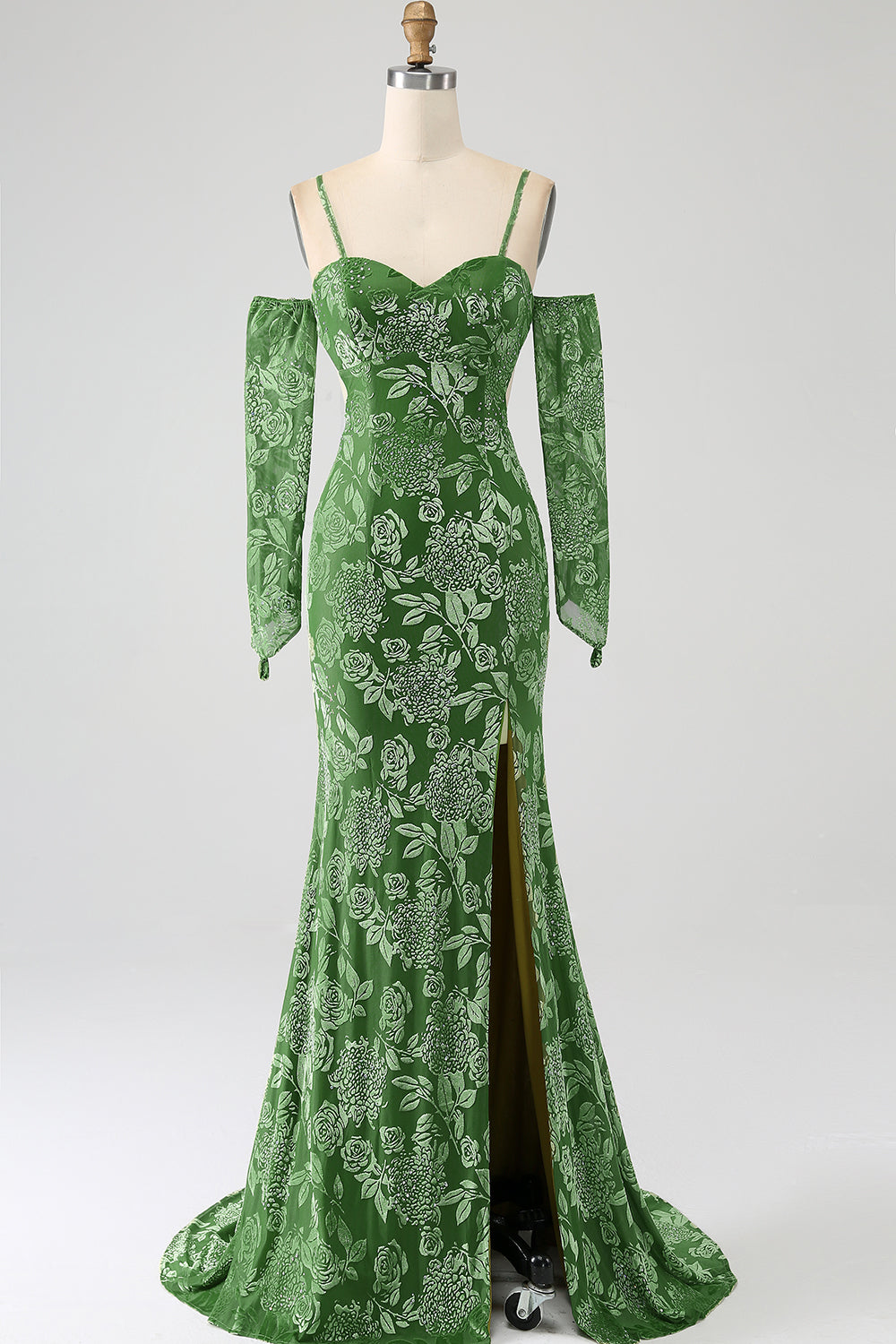 Vestido de fiesta largo con estampado de verde oliva con hombros descubiertos de sirena y frente dividido