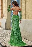 Vestido largo de fiesta de tirantes finos con estampado floral de sirena verde oliva con abertura