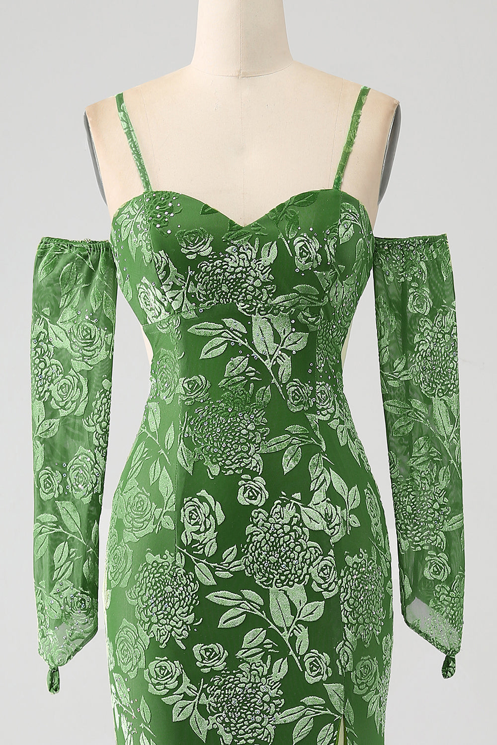 Vestido de fiesta largo con estampado de verde oliva con hombros descubiertos de sirena y frente dividido