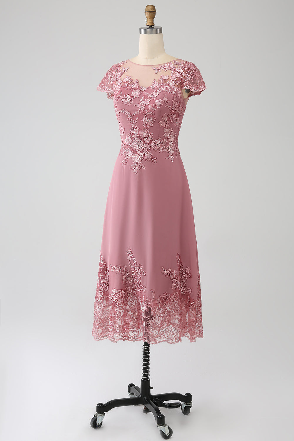 Dusty Rose A-Line Scoop Illusion Tea Length Madre De La Novia Vestido Con Lentejuelas