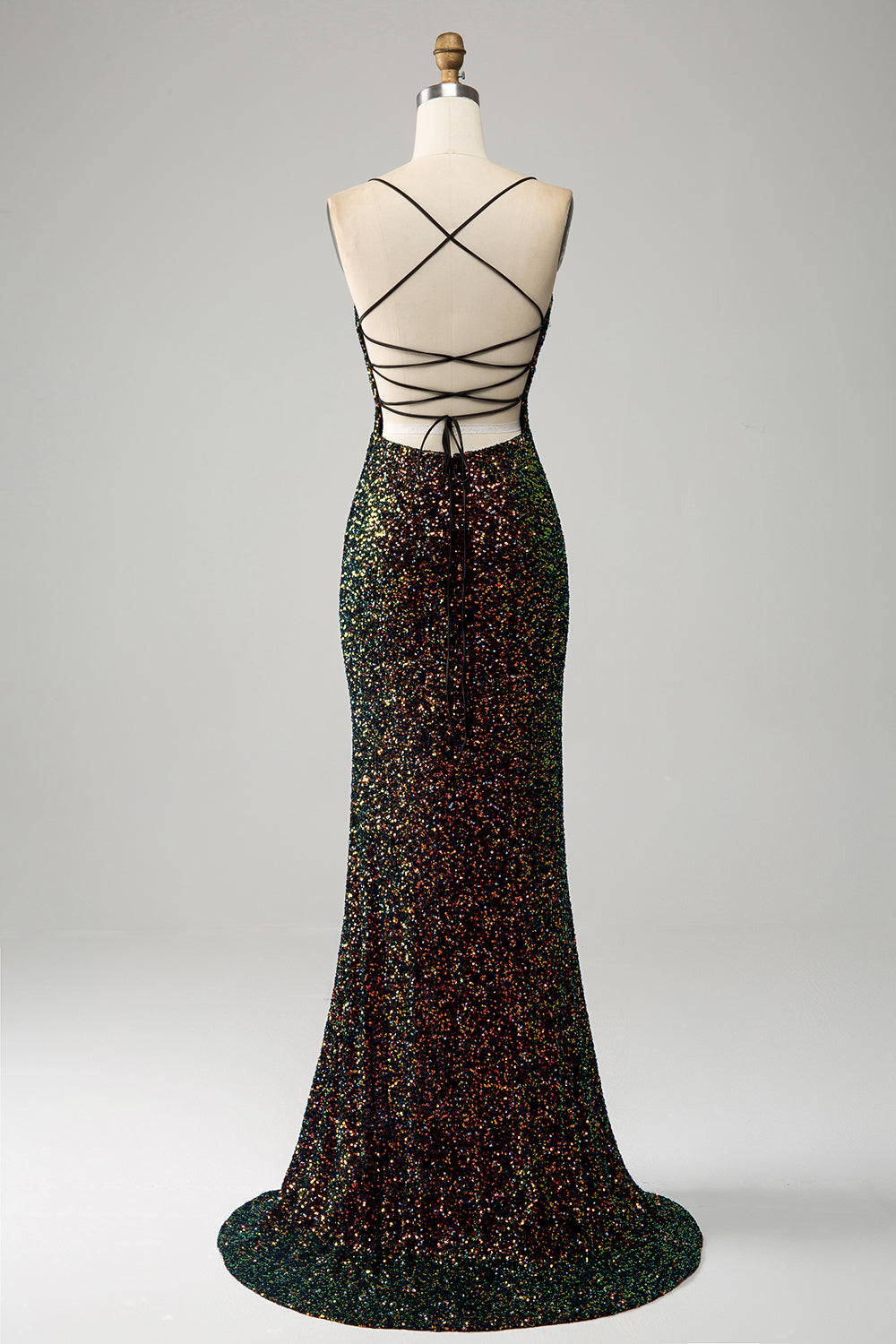 Correas de espagueti negras con purpurina Lentejuelas Vestido de fiesta de sirena con abertura