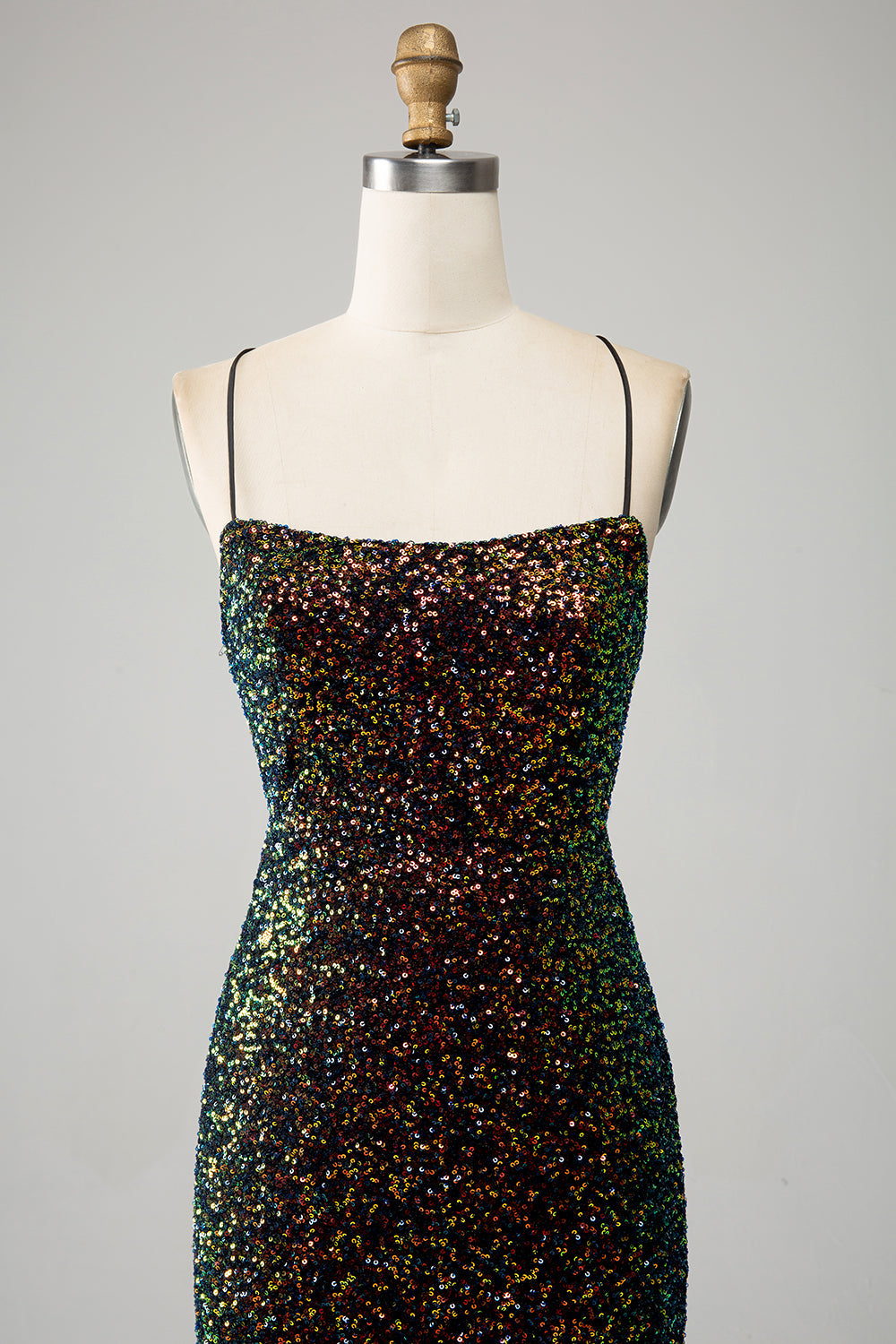 Correas de espagueti negras con purpurina Lentejuelas Vestido de fiesta de sirena con abertura