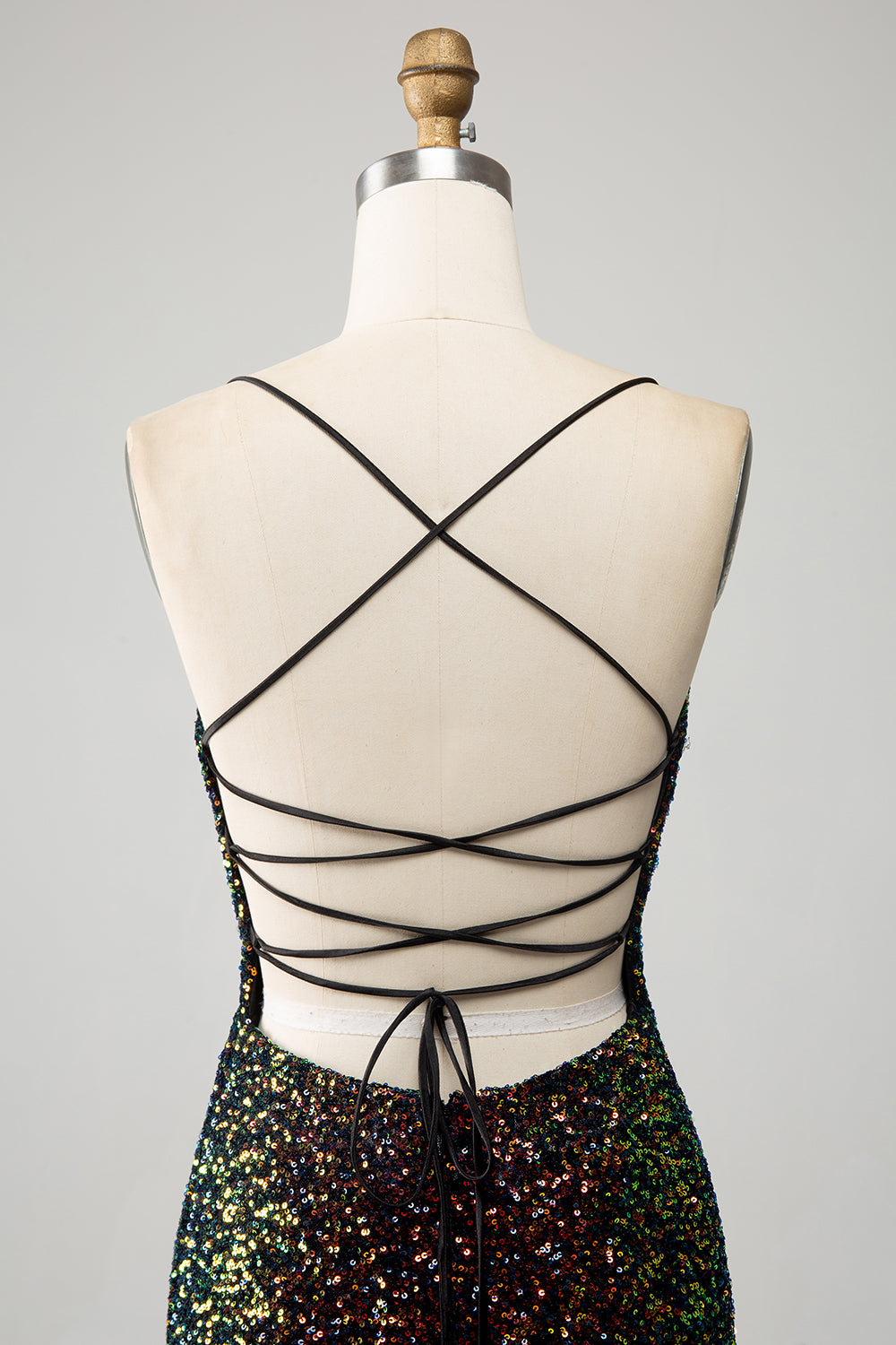 Correas de espagueti negras con purpurina Lentejuelas Vestido de fiesta de sirena con abertura