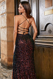 Tirantes de espagueti negro brillante lentejuelas Vestido de fiesta de sirena con abertura