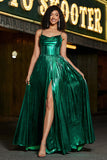 Vestido de fiesta corsé verde oscuro brillante de una línea con abertura
