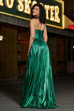 Vestido de fiesta corsé verde oscuro brillante de una línea con abertura