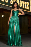 Vestido de fiesta corsé verde oscuro brillante de una línea con abertura