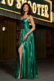 Vestido de fiesta corsé verde oscuro brillante de una línea con abertura