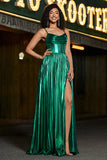 Vestido de fiesta corsé verde oscuro brillante de una línea con abertura