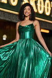 Vestido de fiesta corsé verde oscuro brillante de una línea con abertura
