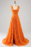 Vestido de fiesta largo de encaje floral de una línea naranja