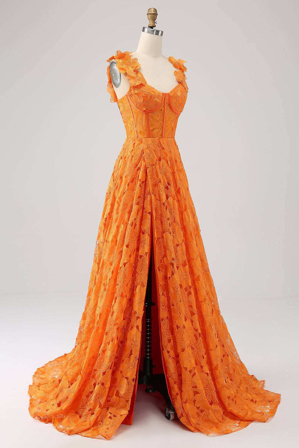Vestido de fiesta largo de encaje floral de una línea naranja