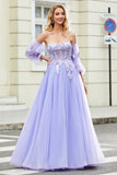 Precioso A Línea De Hombros Lavanda Corsé Vestido De Fiesta Con Apliques