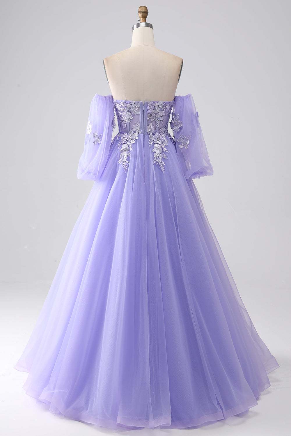 Vestido de fiesta largo de tul sin tirantes de línea A lavanda con mangas