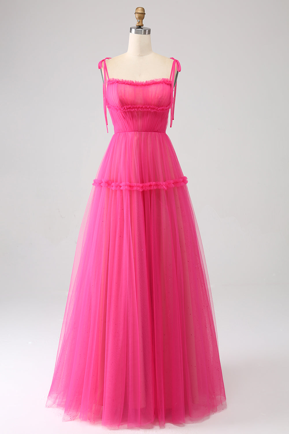 Vestido de fiesta largo de tul con volantes en línea A fucsia