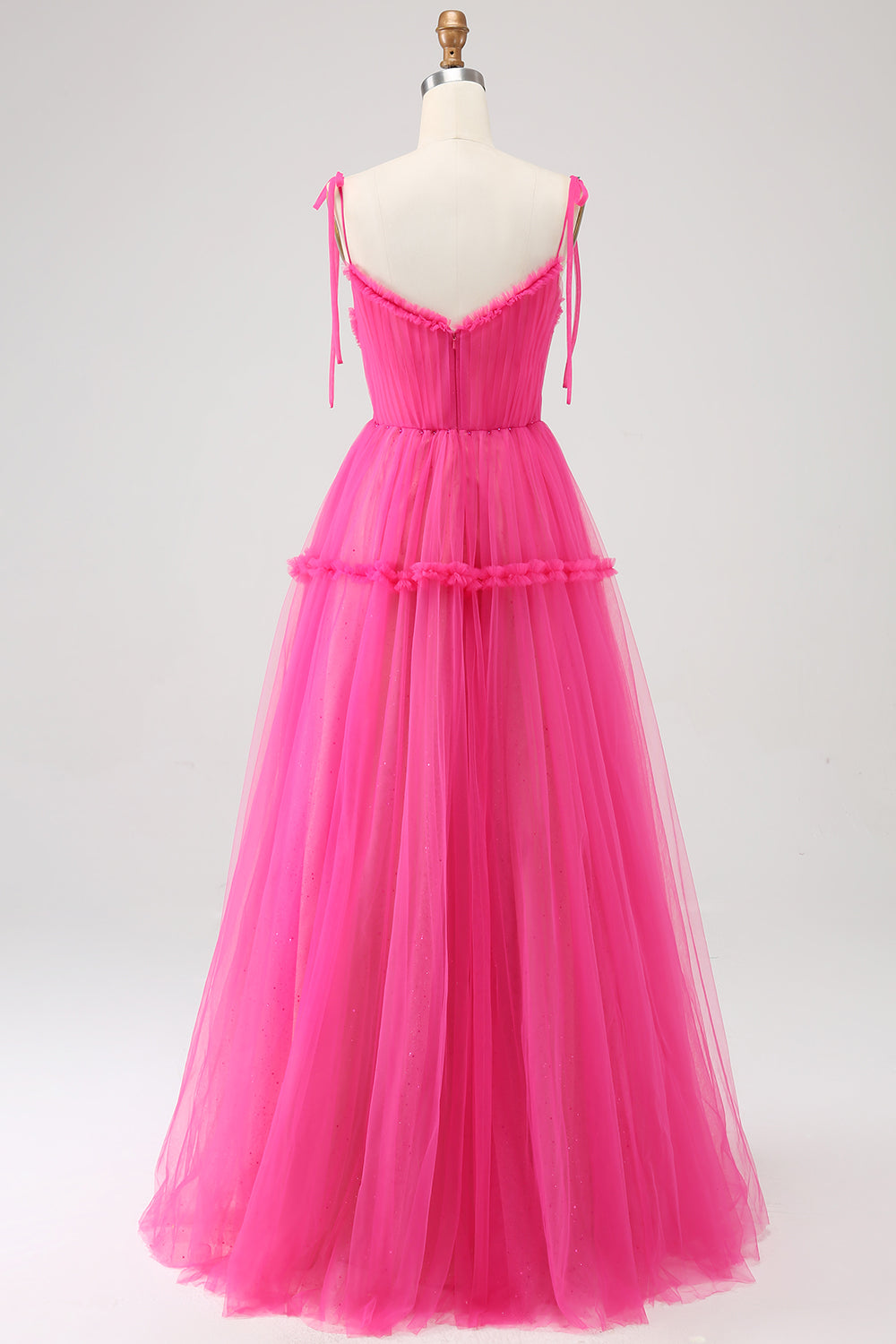 Vestido de fiesta largo de tul con volantes en línea A fucsia