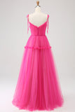 Vestido de fiesta largo de tul con volantes en línea A fucsia