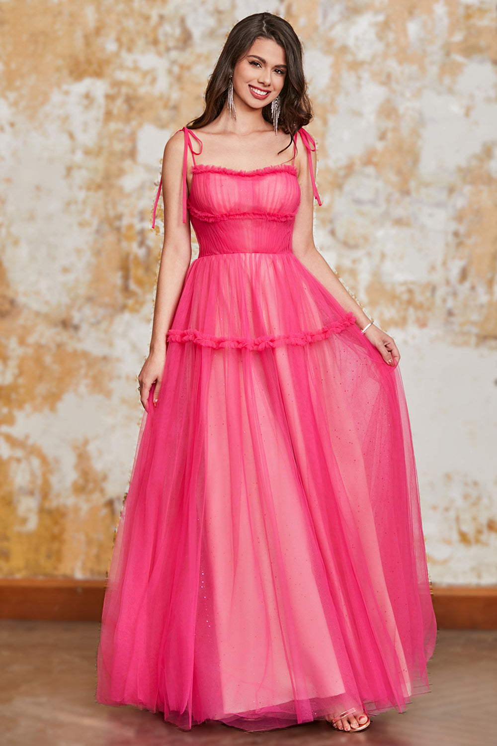 Princess A Line Spaghetti Straps Fuchsia Vestido Largo De Graduación Con Volantes