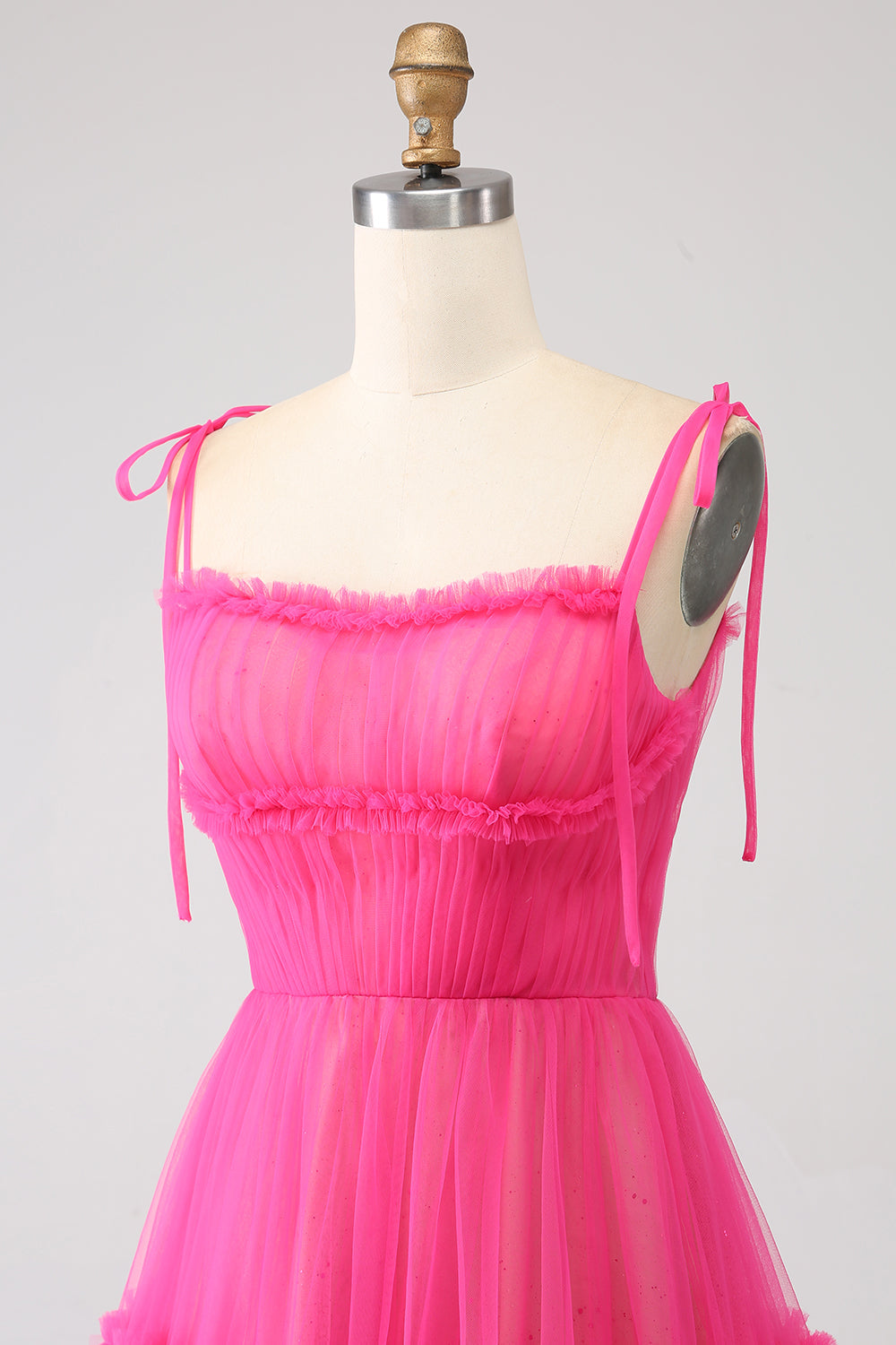 Vestido de fiesta largo de tul con volantes en línea A fucsia