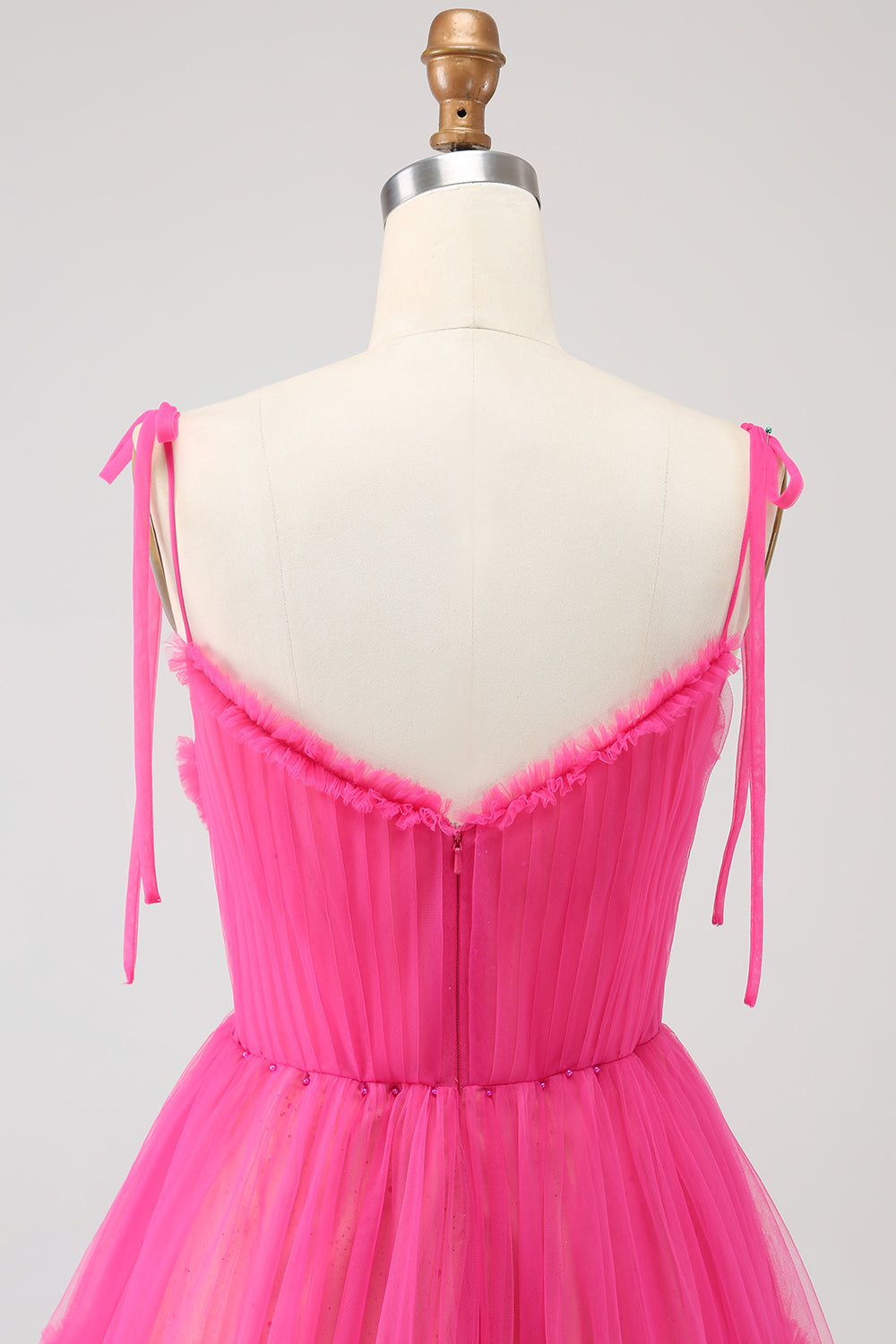 Vestido de fiesta largo de tul con volantes en línea A fucsia