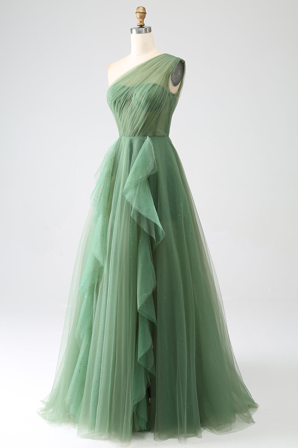 Vestidos de fiesta largos de tul verde oscuro de un solo hombro