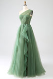 Vestidos de fiesta largos de tul verde oscuro de un solo hombro