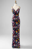 Vestido de fiesta largo de tirantes de espagueti de sirena floral negro con bordados