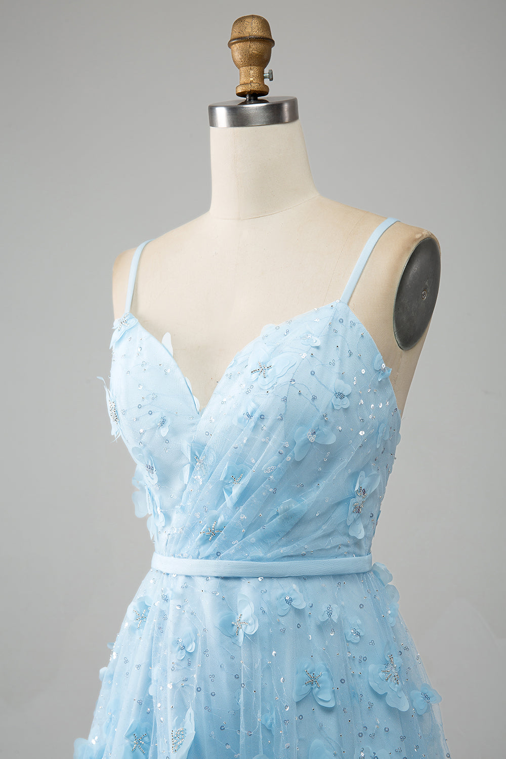 Azul Cielo A Línea Tirantes De Espagueti Vestido De Fiesta De Cuentas Brillantes Con Mariposas 3D