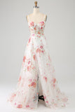 Vestido de fiesta largo corsé bordado con flor de marfil con abertura