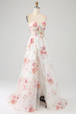 Vestido de fiesta largo corsé bordado con flor de marfil con abertura