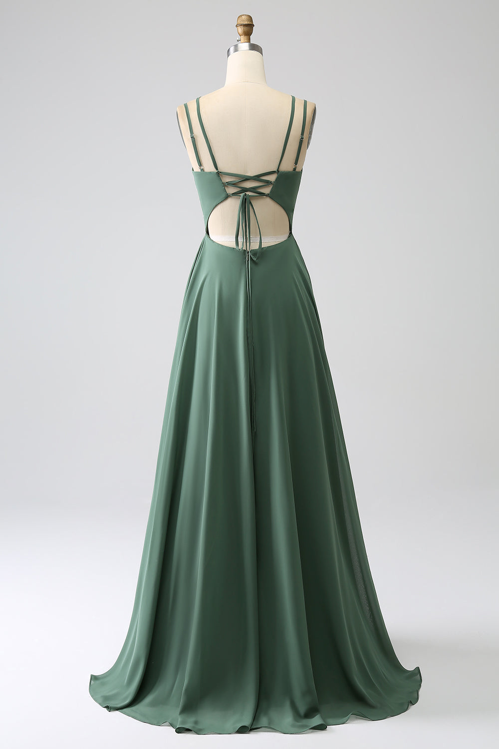 Eucalipto De Tirantes De Espagueti De Línea A Vestido Largo Plisado De Dama De Honor