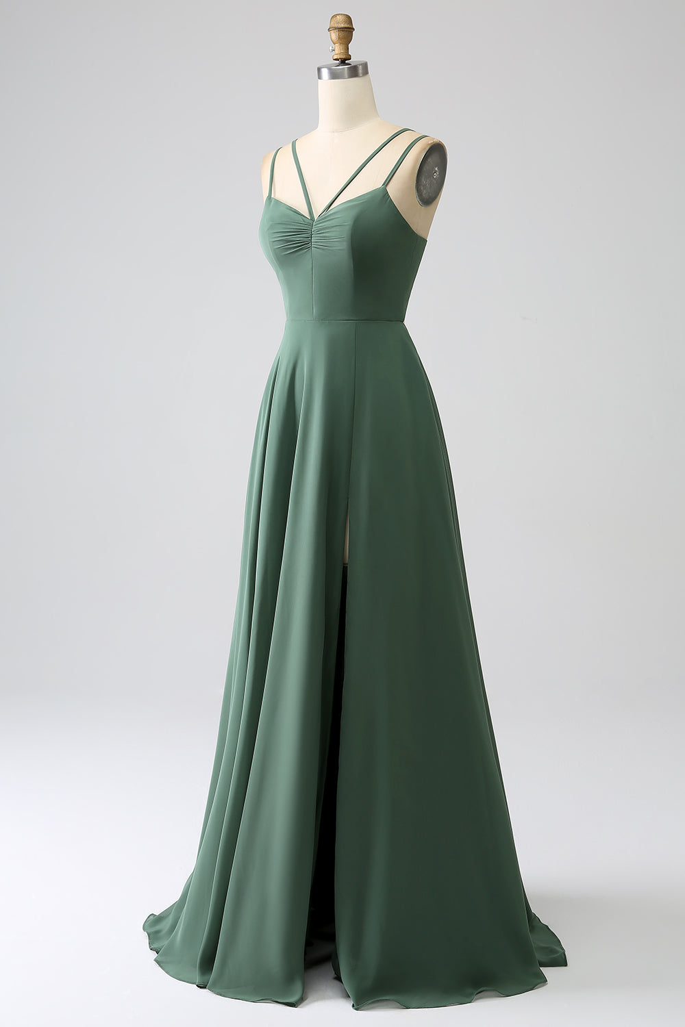 Eucalipto De Tirantes De Espagueti De Línea A Vestido Largo Plisado De Dama De Honor