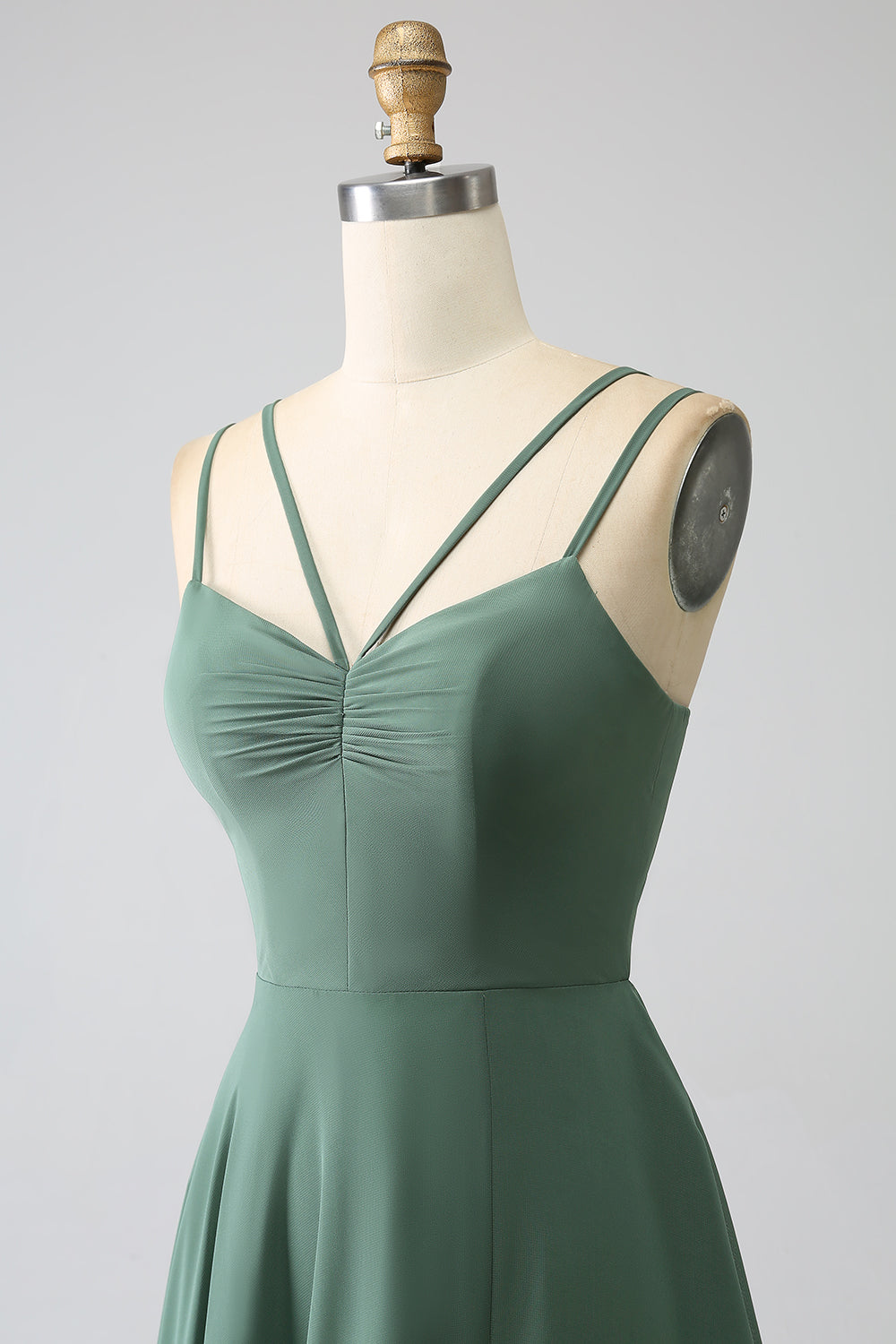 Eucalipto De Tirantes De Espagueti De Línea A Vestido Largo Plisado De Dama De Honor