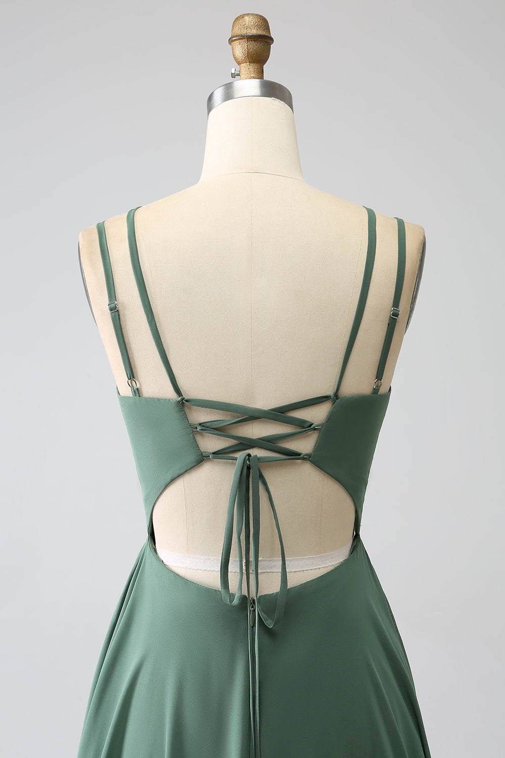 Eucalipto De Tirantes De Espagueti De Línea A Vestido Largo Plisado De Dama De Honor
