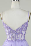 Lindo A Line Spaghetti Straps Dark Blue Sparkly Corset Homecoming Dress