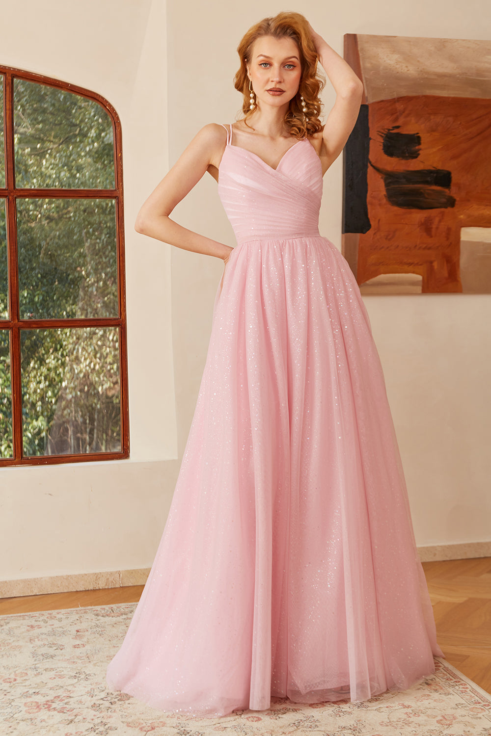 Glitter Rosa Cord-Up Ruched Vestido largo de fiesta