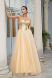 Princess A Line Sweetheart Vestido de fiesta largo dorado