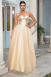 Princess A Line Sweetheart Vestido de fiesta largo dorado