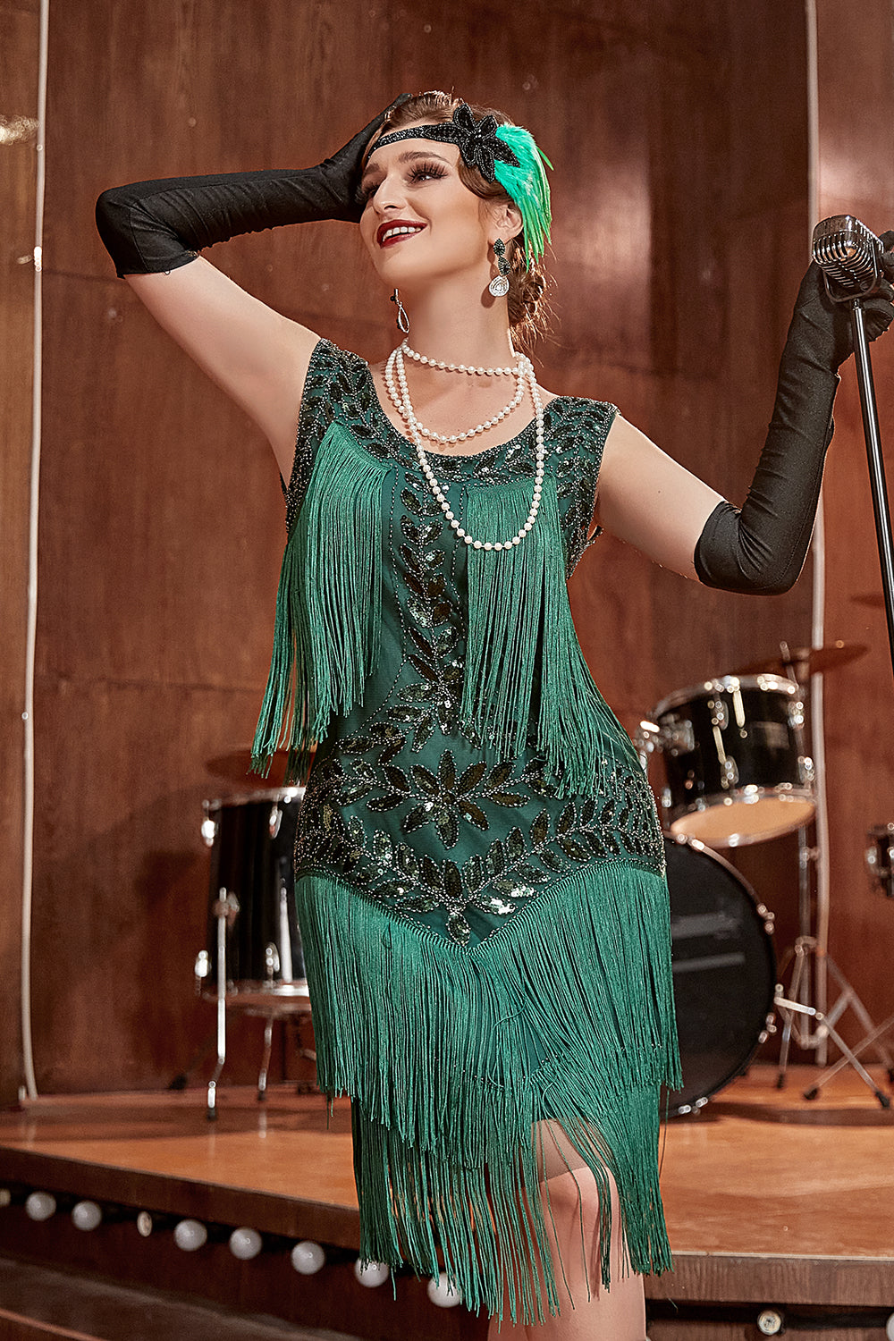 Verde Oscuro 1920s Vestido Lentejuelas Flecos