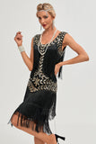 Vestido flapper negro de Gatsby de la década de 20 con lentejuelas y flecos