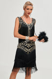 Vestido flapper negro de Gatsby de la década de 20 con lentejuelas y flecos