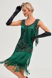 Vestido flapper negro de Gatsby de la década de 20 con lentejuelas y flecos