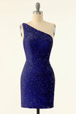 Royal Blue One Shoulder Lentejuelas Apretadas Vestido de cóctel