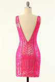 Lentejuelas fucsia cuello en V Ajustado Vestido de regreso a casa