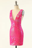 Lentejuelas fucsia cuello en V Ajustado Vestido de regreso a casa