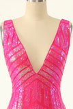 Lentejuelas fucsia cuello en V Ajustado Vestido de regreso a casa