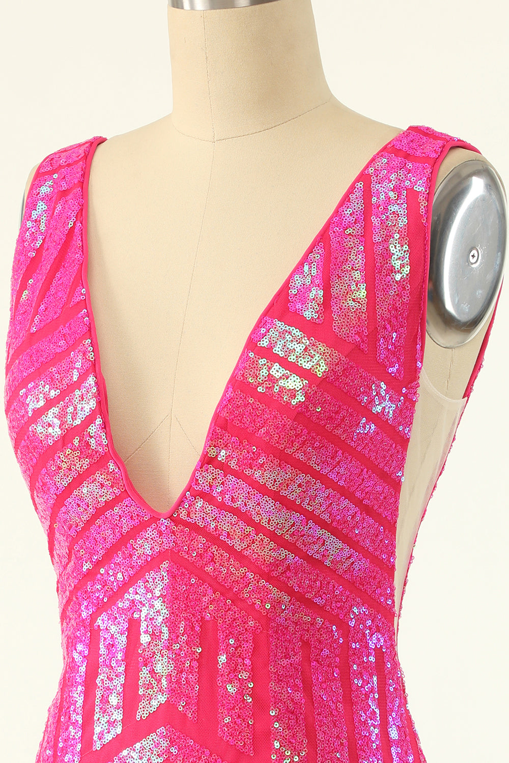 Lentejuelas fucsia cuello en V Ajustado Vestido de regreso a casa